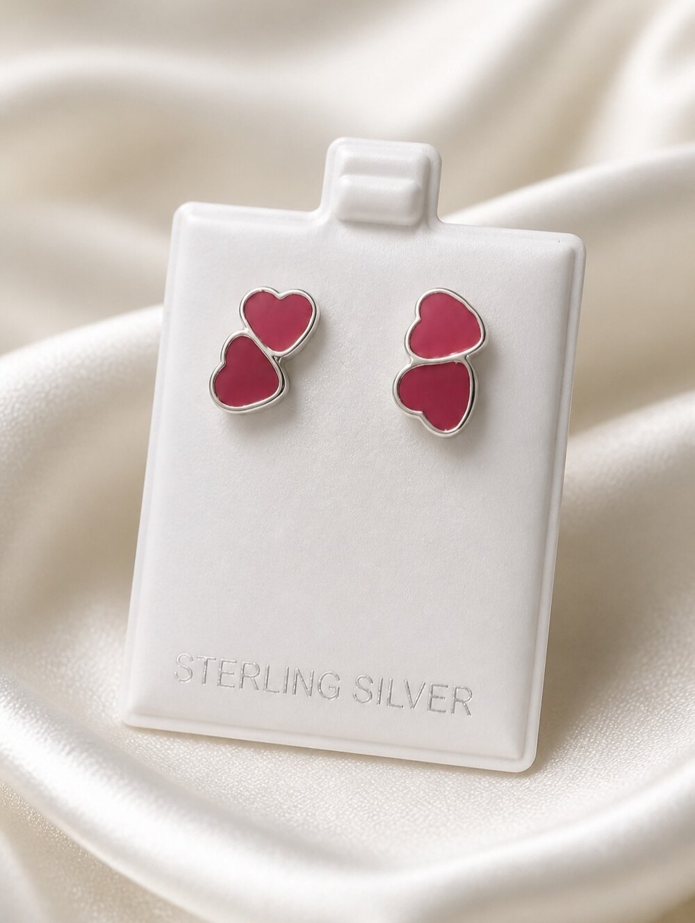 925 Sterling Silver Double Heart Red Enamel Stud Earrings. New